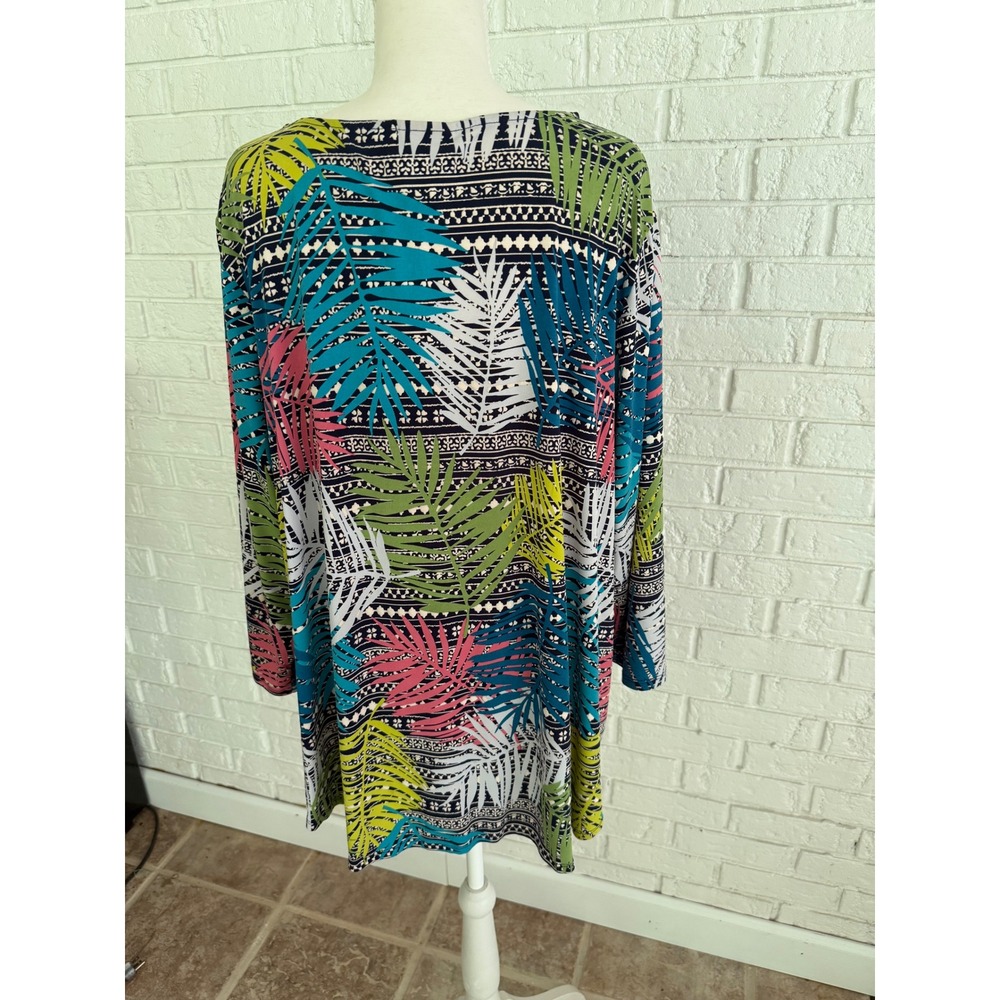 Ruby Rd. Tunic Top Women 2X Multicolor Excellent Tropical Palm O-Ring 3/4 Sleeve - Picture 4 of 6